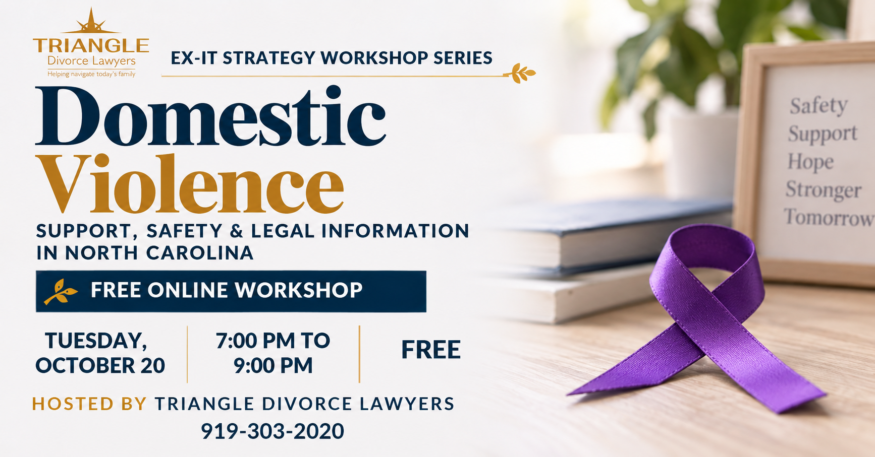 Ex-it Strategy Workshop Series: Domestic Violence graphic: Tuesday, October 20, 7:00 PM to 9:00 PM, online.